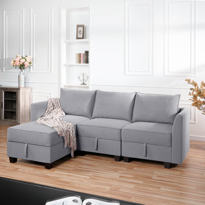 Maeoma Modern Reversible Linen Sectional Sofa Couch with Ottoman, L-Shaped Modular Convertible Sofa -  Ebern Designs, 6EECD92BDBF5487EAFEBCB88FE6EA124