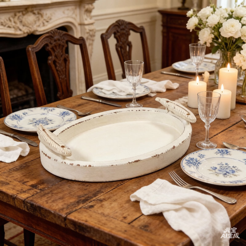 Handmade Rustic White Oval Decorative Serving Tray Ottoman Tray Wooden