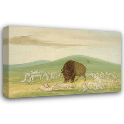 «Wounded Buffalo Bull Entouré par White Wolves» par George Catlin - Art mural sur toile tendue avec châssis