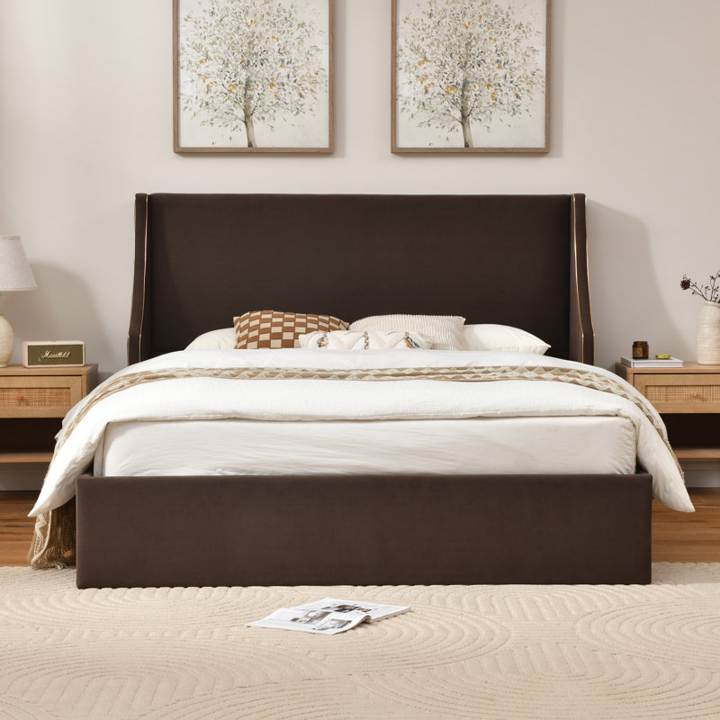 Linvel Hydraulic Lift-Up Storage Upholstered Platform Bed, Queen, Brown Velvet