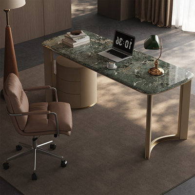 Khaki Black Rectangular Marble Manufactured Wood Stainless Steel with 3 drawers desk