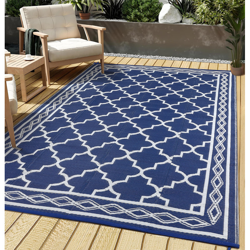 6 x 9 ft Plastic Dark Blue and White Rectangular Area Rug Rhomb Border Modern  for Beach Front Porches Patio Picnic RV Camping Garage