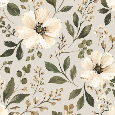 Papier peint pelez et collez, vert olive, fleurs peintes à la main, feuilles, papier contact neutre, adhésif amovible, décoration murale pour armoires de cuisine de chambre à coucher, 24 po x 118 po