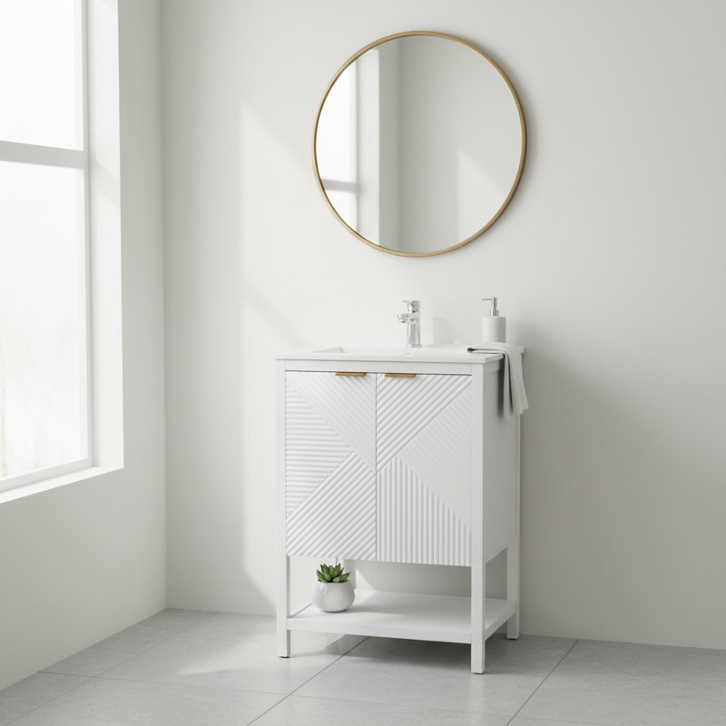 Ensemble de meuble-lavabo moderne 24 po avec lavabo en céramique blanc 24 po | Panneaux de porte et tiroir texturés à fermeture en douceur | Pieds autoportants en pin