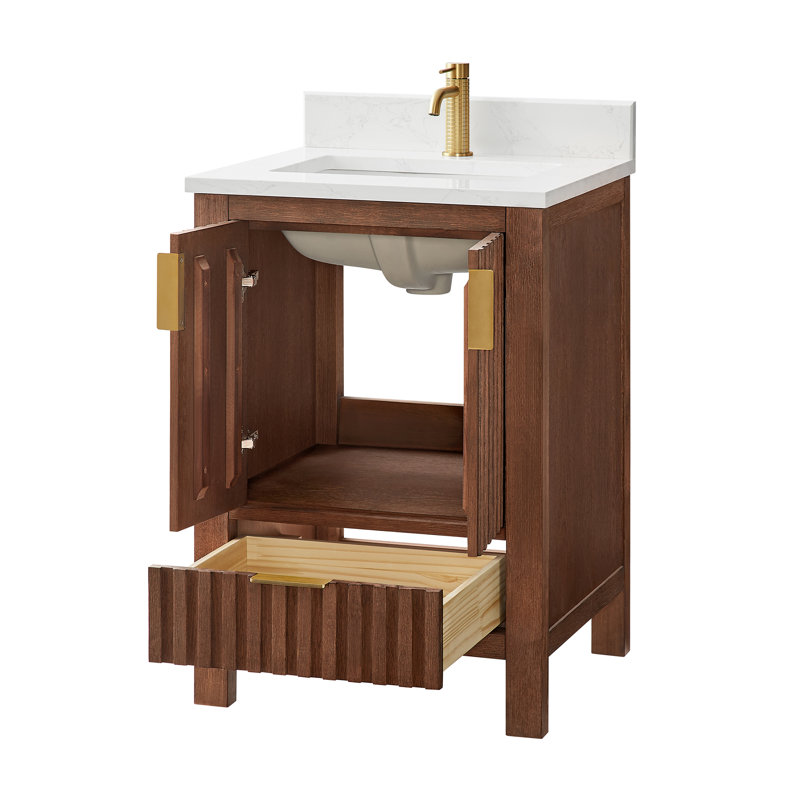 Meuble-lavabo à simple cuve 24 po en chêne brun foncé vieilli avec plateau en pierre composite à grain blanc, 24"