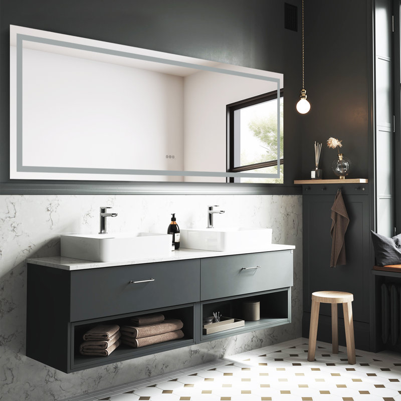 Miroir de salle de bain sans cadre à DEL avec lumières, miroir de meuble-lavabo mural anti-buée, multifonctionnel, 3 lumières à intensité variable, fonction de mémoire