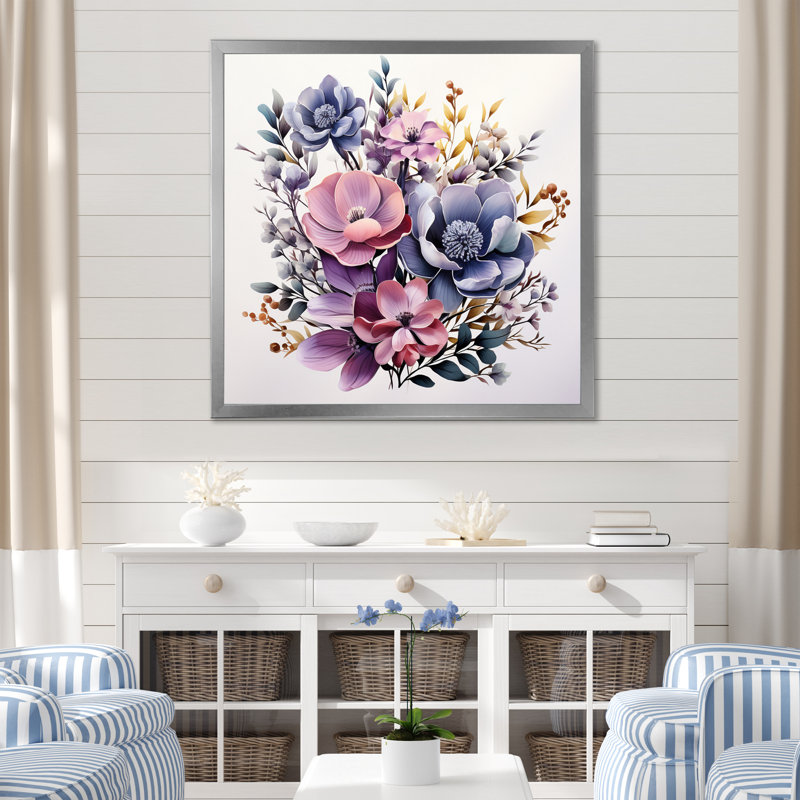 Bouquet de minimalisme mauve sur toile, Cadre simple argenté, H 36 po x l 36 po x P 1,5 po