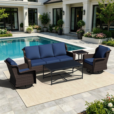 5-Person Outdoor Patio Conversation Seating Group Swivel Chairs With Coffee Table And Blue Cushions