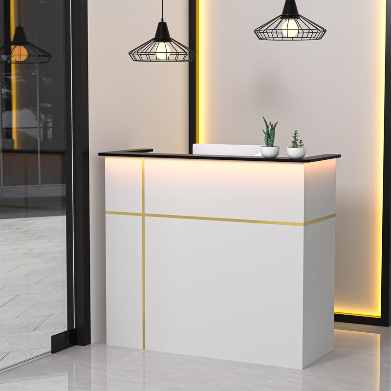 Wrought Studio Reception Desk with Counter, Modern Front Table Equipped Lockers & Storage Shelves, 48-inch Checkout Counter with DIY Stripe for Lobbies, Salons, Retail, Home Offices, Reception Room