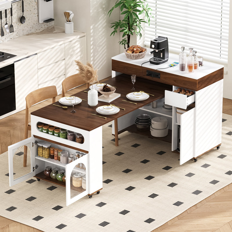 Îlot de cuisine avec table de salle à manger extensible, Noyer/blanc