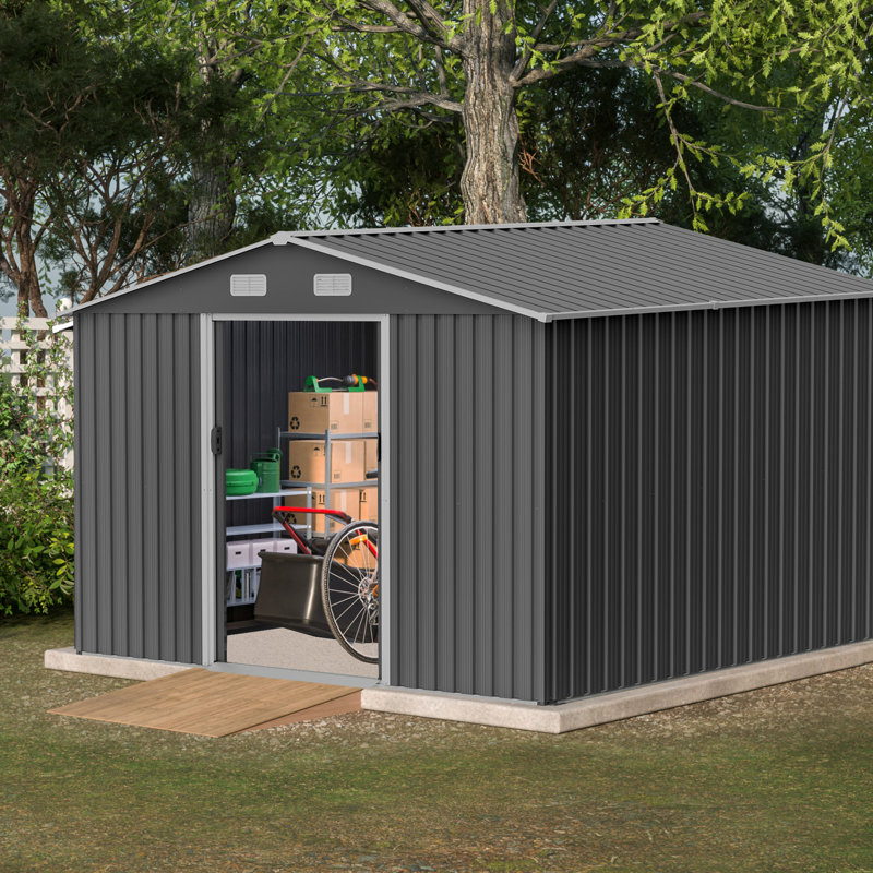 10x8 Ft Outdoor Shed With Metal Construction, Lockable, Grey Foundation Shed, For Lawn Care, 75.95" H x 122.29" W x 94.59" D