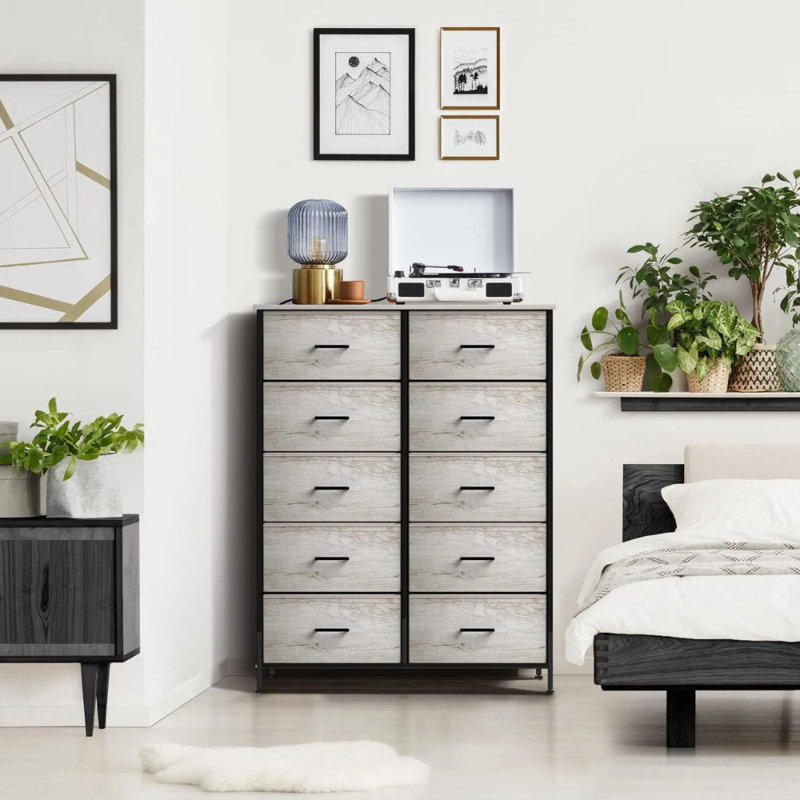 Sorbus 10 Drawers Dresser with Steel Frame and Fabric Bins, Beige