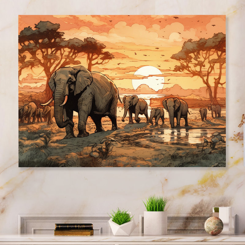 Safari africain avec des éléphants Roslin I, Rectangle H 12 po x l 20 po x P 1 po