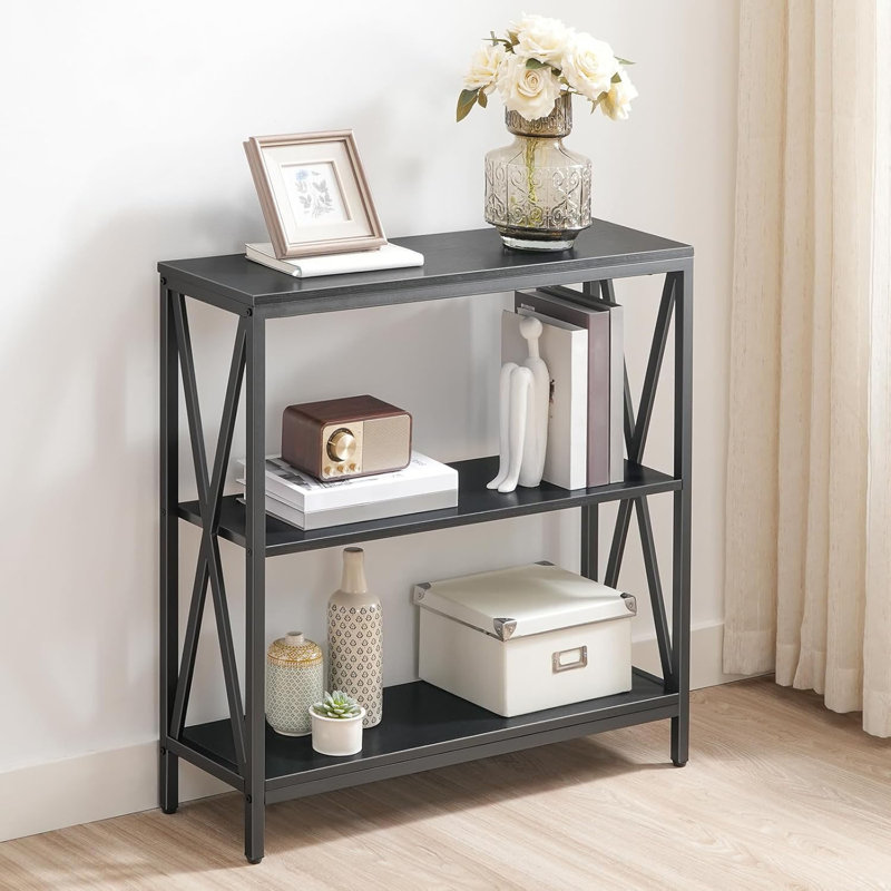 Table de canapé, console industrielle, table d'appoint étroite à 3 niveaux avec tablettes ouvertes