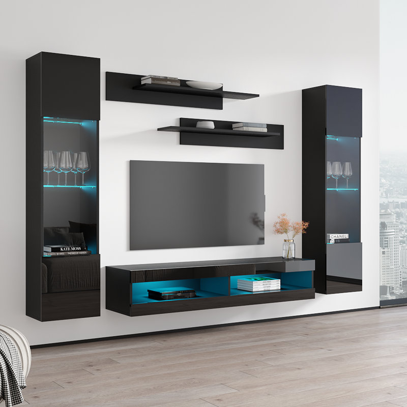 100" Modern Floating Wall Mounted Entertainment Center with 16-Color LED Lighting, High Gloss Finish, Black