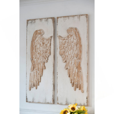Set Of 2 Feather Wing Wall Panels With Distressed White Finish, Rectangle Hanging Wall Art, 42" X 15.5"