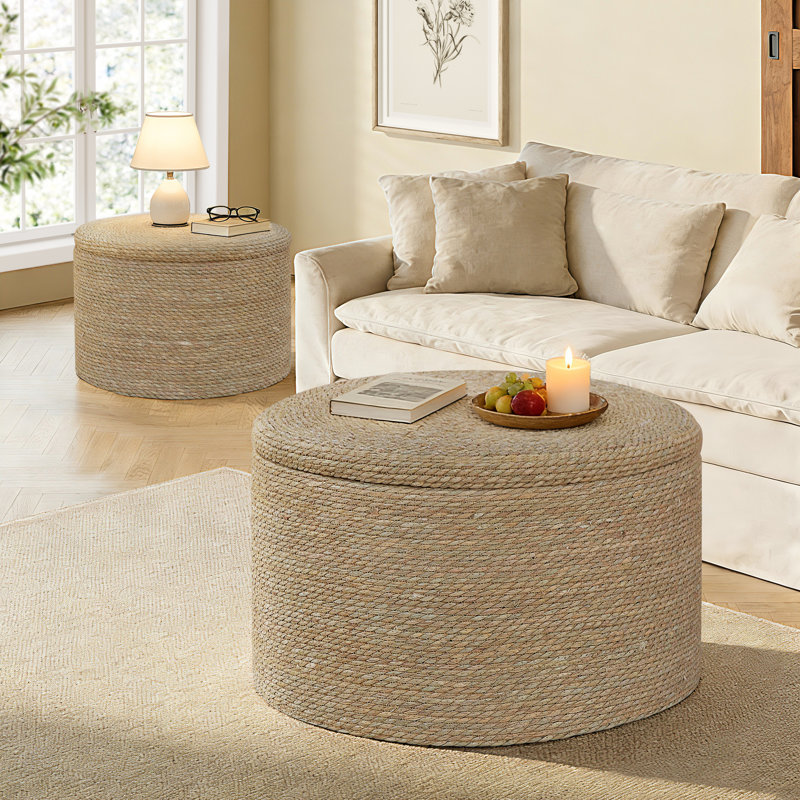  Ensemble de 2 tables basses rondes de rangement tissées avec couvercle amovible, tables d'appoint tissées à la main naturelles pour le salon