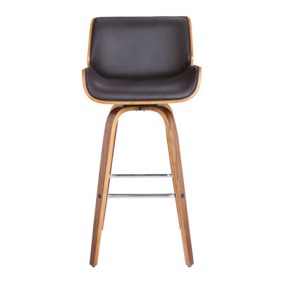 Alula Mid-Century Swivel Counter or Bar Height Bar Stool in Brown Faux Leather with Walnut