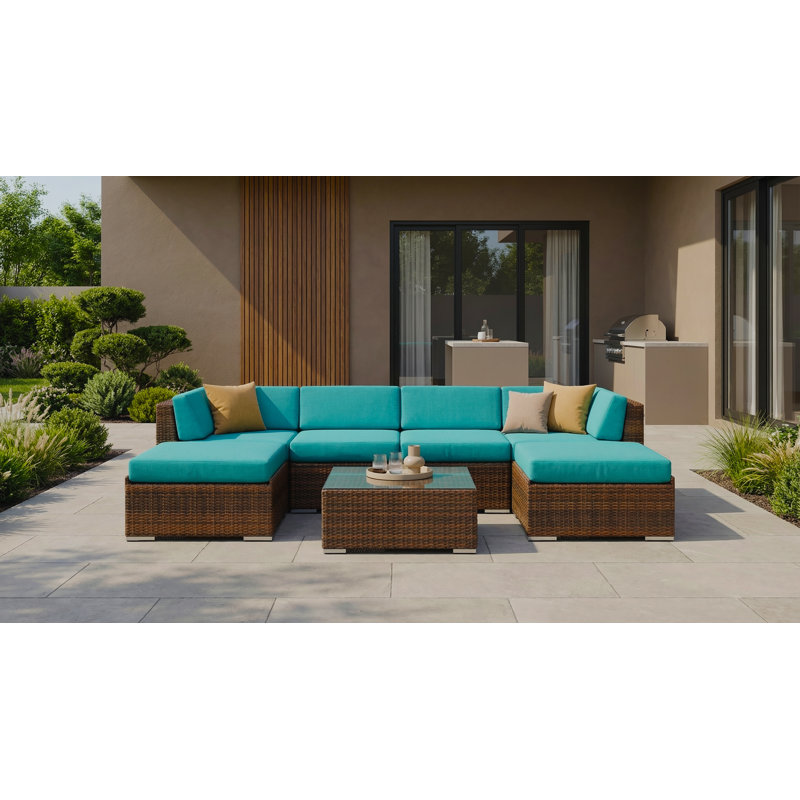 Billyjo Wicker 4 - Person Seating Group with Cushions - No Assembly, Canvas Aruba Sunbrella® Canvas, Mixed Brown