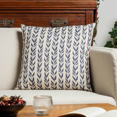 Linden Leaf Stripe Linen Blend Cushion in Indigo Blue