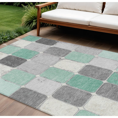 Tapis extérieur lavable à motif géométrique vert et gris menthe 10 pi x 14 pi