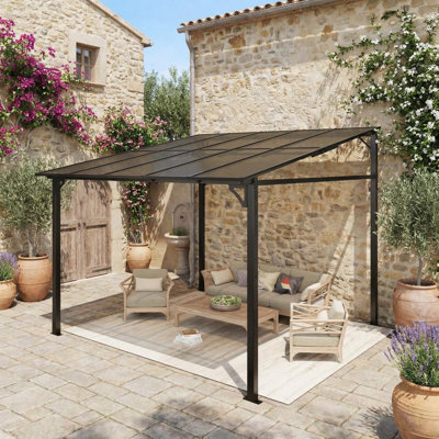 Wall-Mounted Lean to Pergola Aluminum Hardtop Gazebo – Durable Polycarbonate Roof, UV Protection, Easy Assembly – Size: 10x10 FT