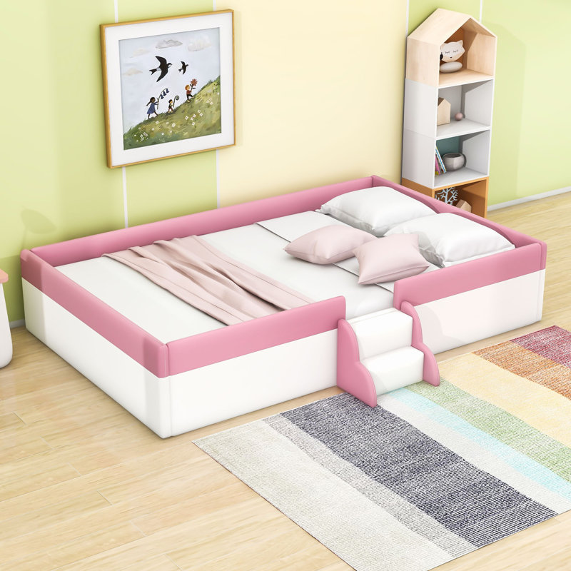 Upholstered Daybed with Guardrails and Stairs, White/Pink, Full