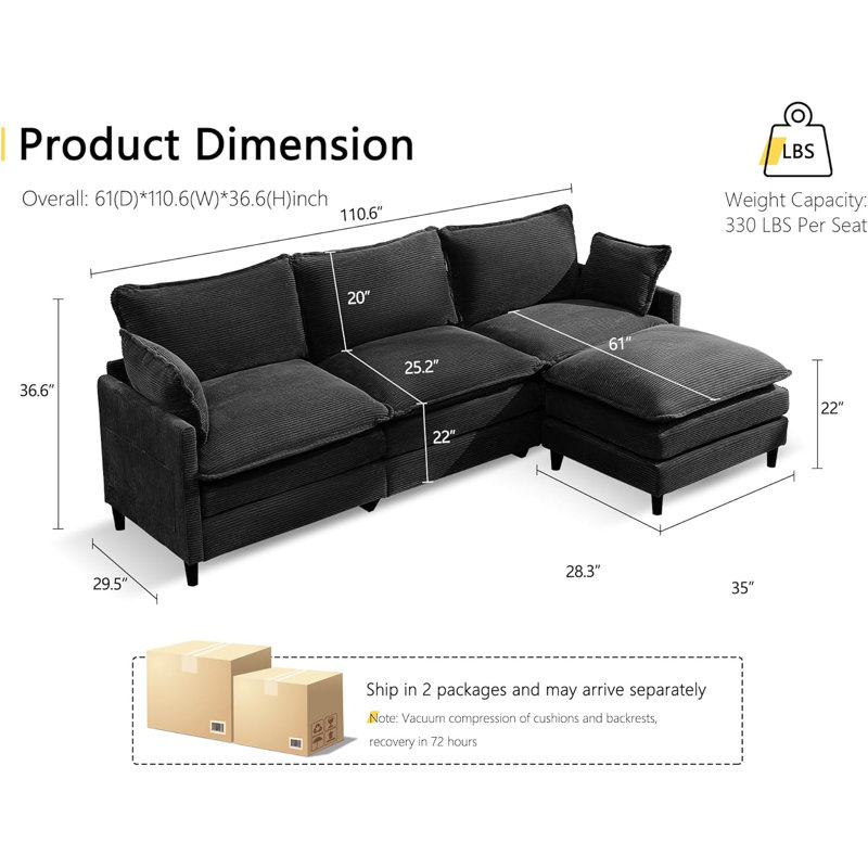 Canapé modulaire en forme de L de 110,6 po, canapé confortable 3 places, canapé modulaire à assise profonde moderne avec repose-pieds pour le salon