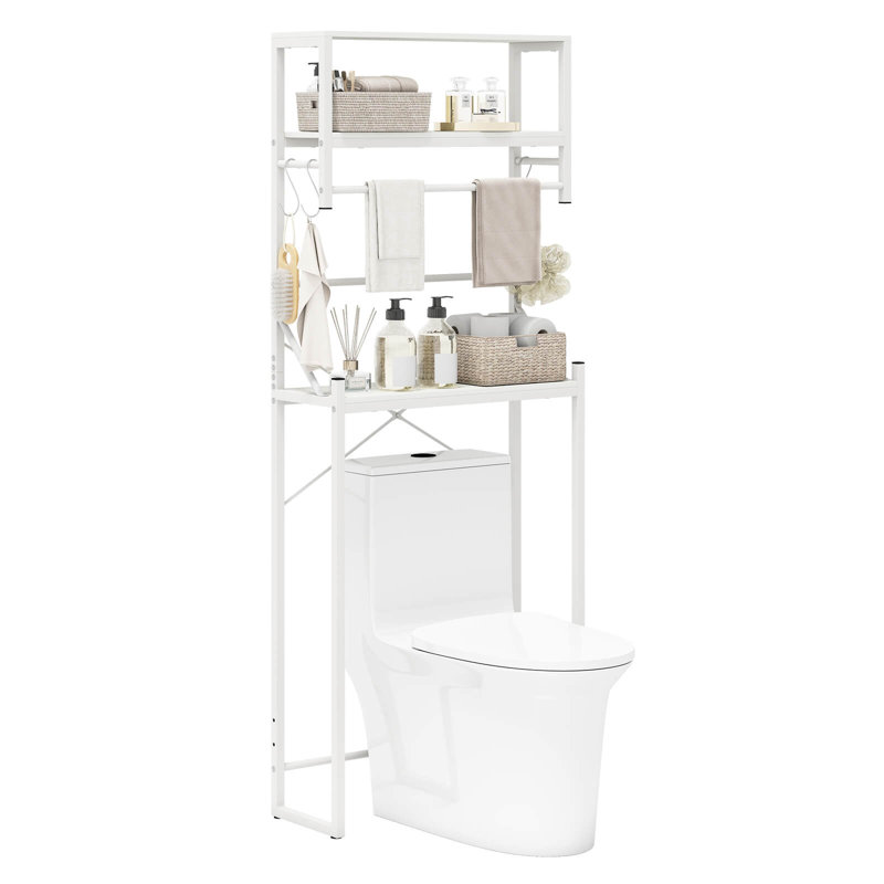 3-Tier Over the Toilet Storage Rack with Towel Holder Hooks & Adjustable Bottom Bar White