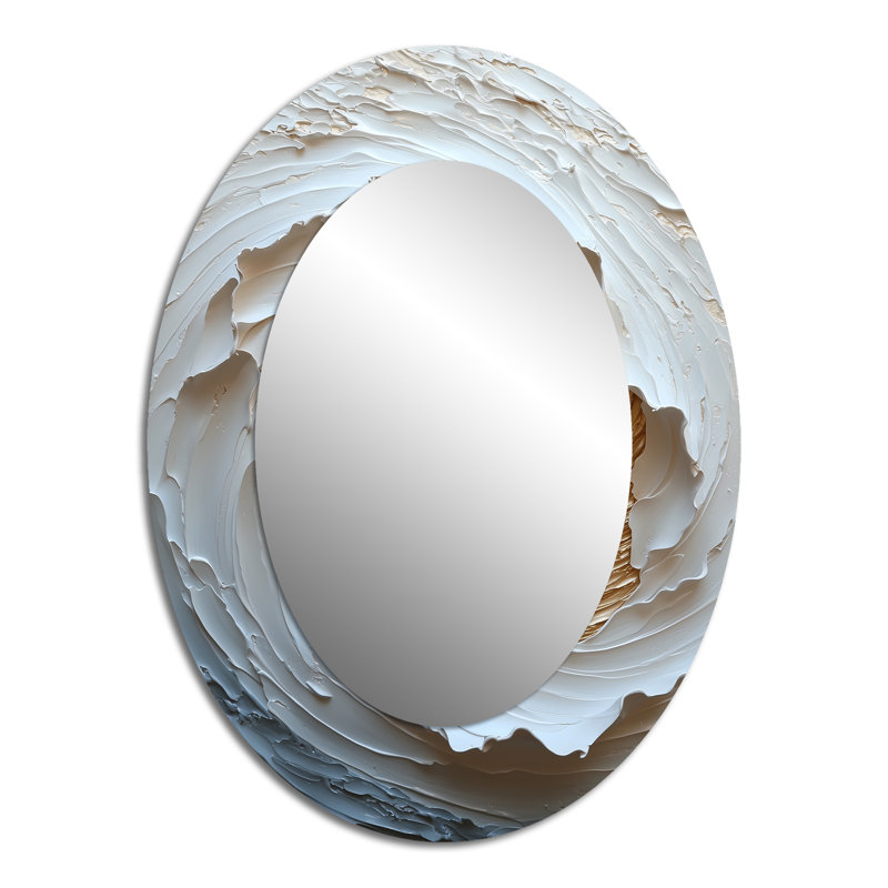 Beige And Whitee Sunrise Abstract Waves II - Abstract Oval Decorative Mirror On Metal, 40" x 30"