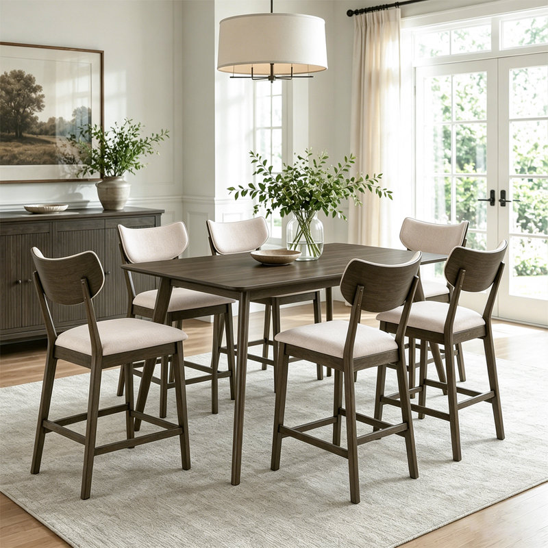 Mid-Century Modern 7-Piece Counter Height Dining Set, 60" Rectangular Dining Table with 6 Upholstered Chairs