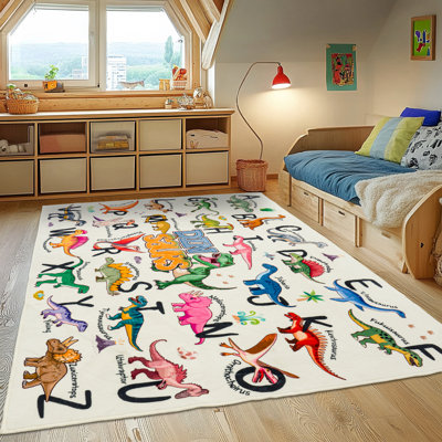 3x4ft Children's Area Rug, Dinosaur Alphabet Pattern, Faux Cashmere Non-Slip Carpet, Suitable for Living Room, Bedroom, Children's Room, Home Decor