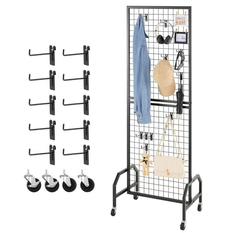 Panneau mural quadrillé, support de panneaux grillagés 1,9 x 5,4 pi, tablette mobile avec roulettes et 10 crochets, mur grillagé en acier au carbone noir pour salon d'artisanat, décoration, rangement, tableau d'affichage