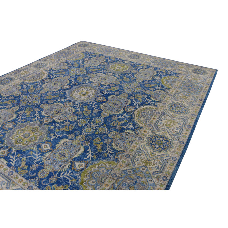 Hand Knotted Wool Area Rug in Blue And Beige