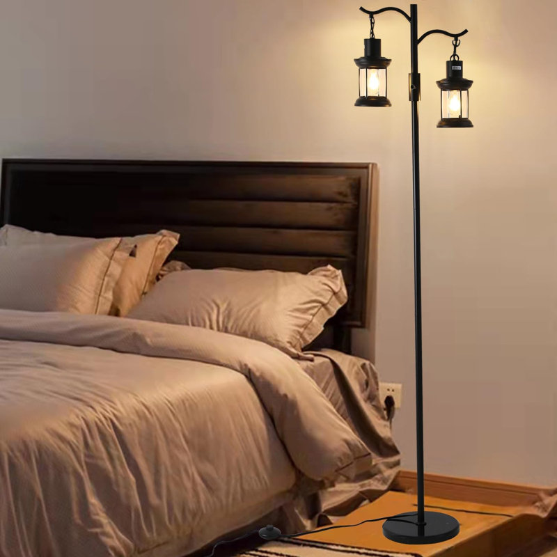 Vintage Dimmable Floor Lamp With 2 Rustic Lanterns, Black Farmhouse Standing Lamp, Bedroom Living Room, Black