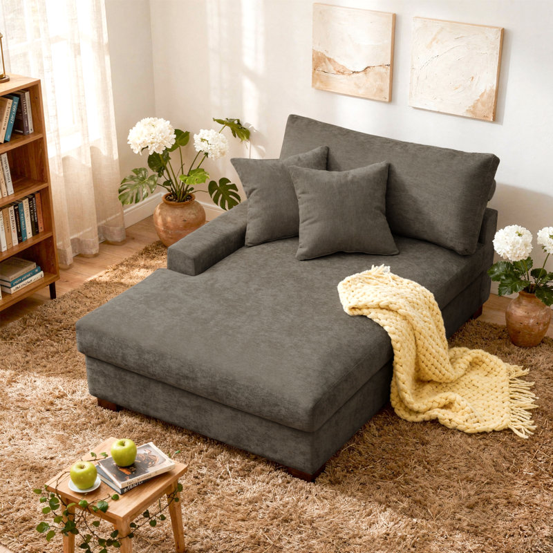 Milbrey Oversized Upholstered Chaise Lounge with Armrests & Throw Pillows, Left Hand Facing, Chenille, Camel