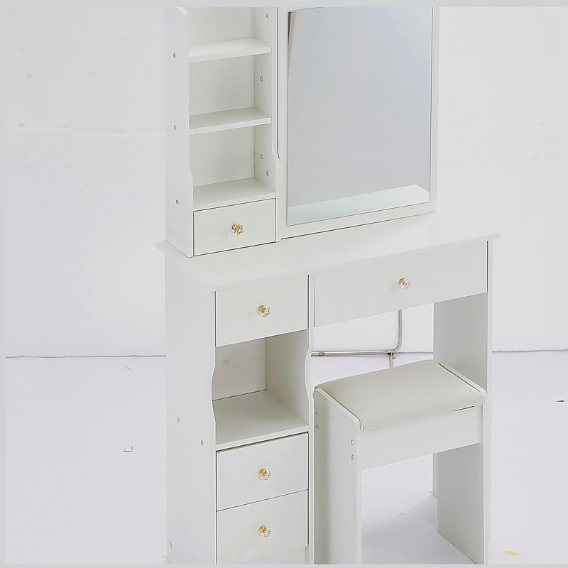 Petit meuble-lavabo de 29,2 po avec tiroir à gauche et tabouret rembourré, très grand miroir coulissant à droite, rangement multi-couches à grande capacité, commode pratique et pratique, convient aux petits espaces