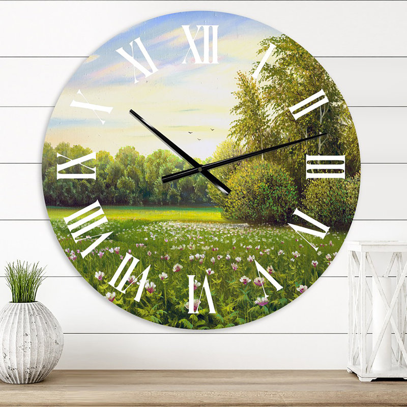 Spring Trees By The Meadows - Horloge murale Country, Surdimensionné