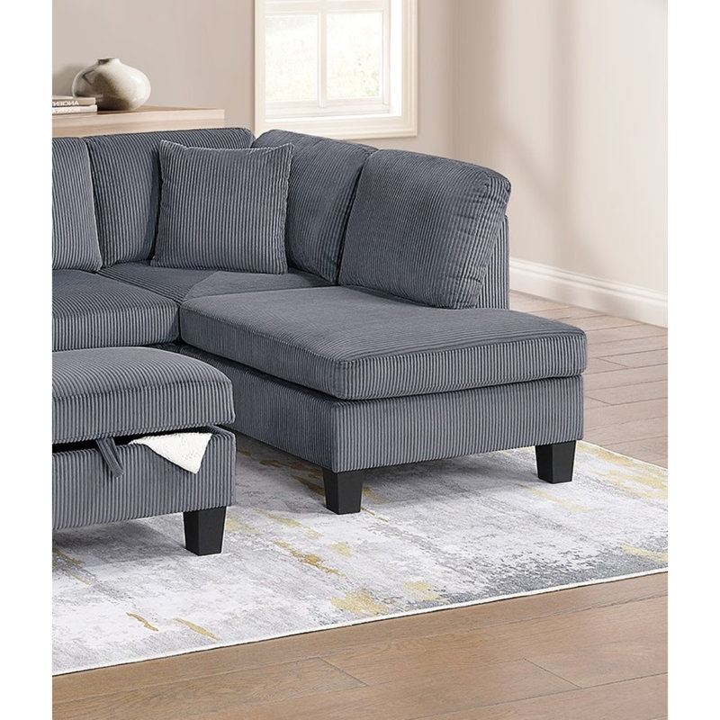 Dark Gray Corduroy 3Pc Sectional With Chaise, , And Storage For A Contemporary Primary Living Space Square Arms Cushioned Seats 3 - Piece L Shaped Of Casual Relaxing