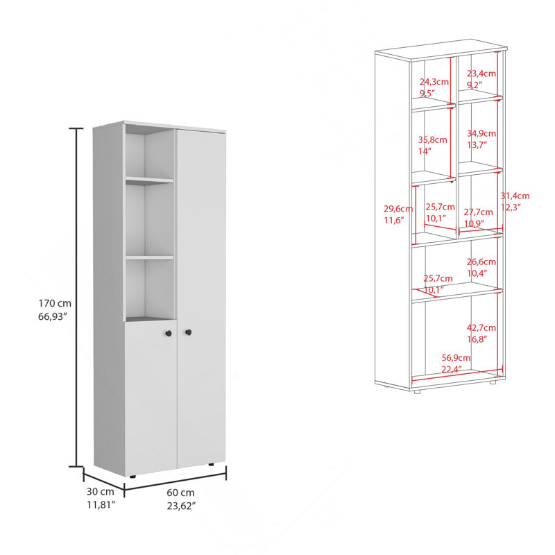 Garde-manger avec armoire de rangement haute de 67 pouces avec trois portes et trois tablettes extérieures Konik, Blanc