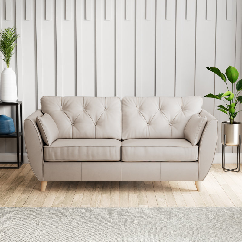 Marylin 3 Seater Leather Sofa, Cloud Grey, Light Wood