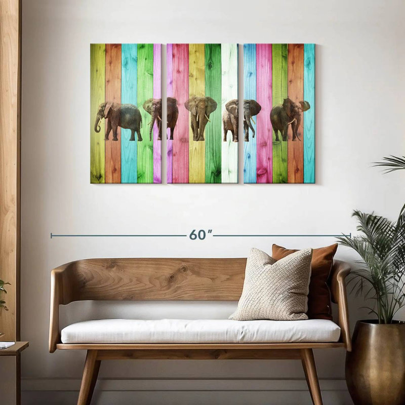 Éléphants à rayures colorées, H 28 po x l 45 po