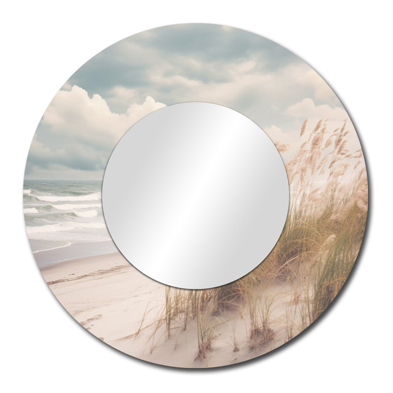 Beach Grass Landscape IV - Beach Decorative Wall Mirror, White Round Mirror, Printed Metal Art, 29" x 29"
