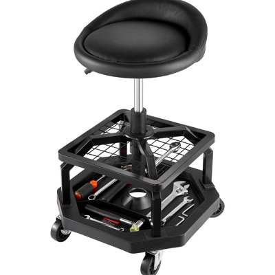 Tabouret Garage Shop à hauteur réglable, support de 300 lb, 2 plateaux de rangement, rotation et verrouillage à 360 °, mousse noire roulante avec