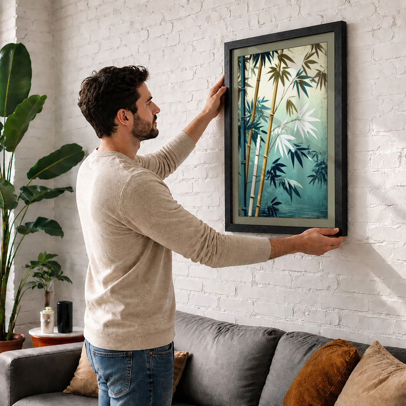 Misty Bamboo Japandi - Single Picture Frame Print, Black, A3 - 42.0 x 29.7 cm