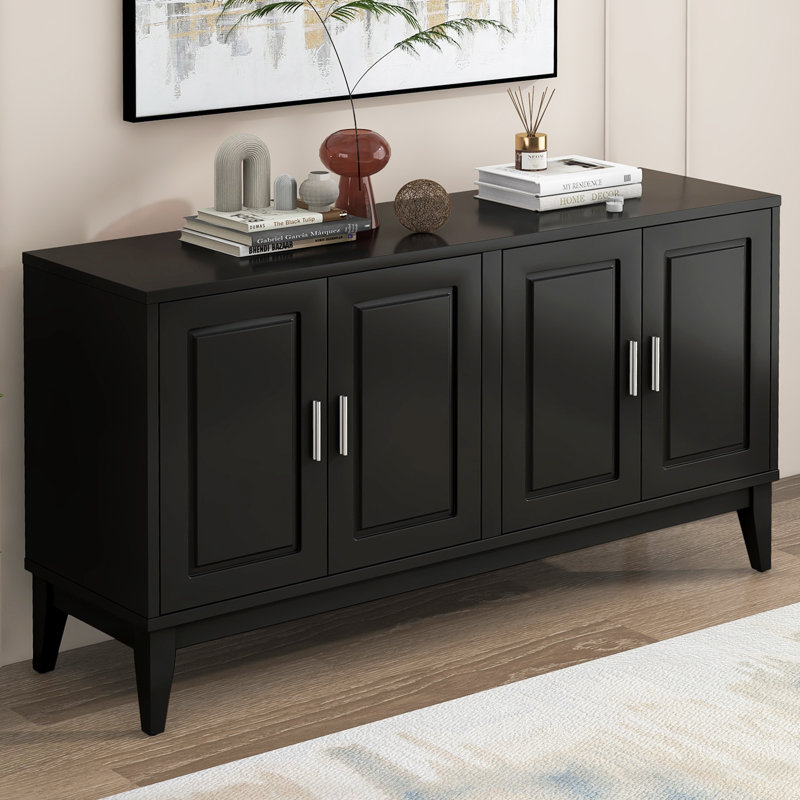 Buffet 4 portes avec tablette de porte, deux grandes armoires et tablette réglable, noir, Noir