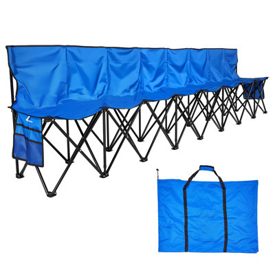 Folding Chair Sport 8 Seat Sideline Team Bench w/ Sidebag Carry Bag Blue