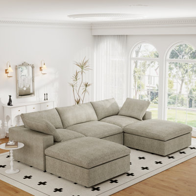 Kenda 5-Piece Upholstered Modern Linen Slipcovered Sectional With Storage Ottoman