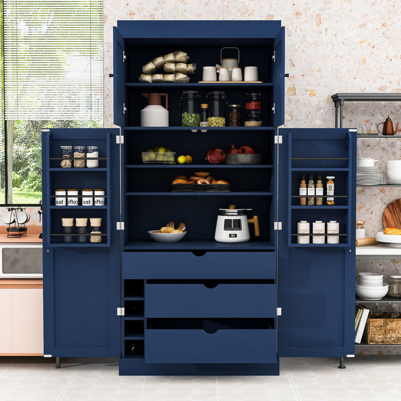 Armoire de cuisine - Tiroirs, supports à vin et tablettes réglables, Bleu très foncé