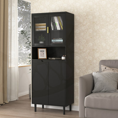 Tempered Glass Door Tall Storage Bookcase with Adjustable Shelves, 4 Doors MDF Painted Cabinet for Living Room and Bedroom